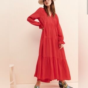 Maeve Anthropologie Wendy Red Long Sleeve Tiered Maxi Dress Women's Size Large